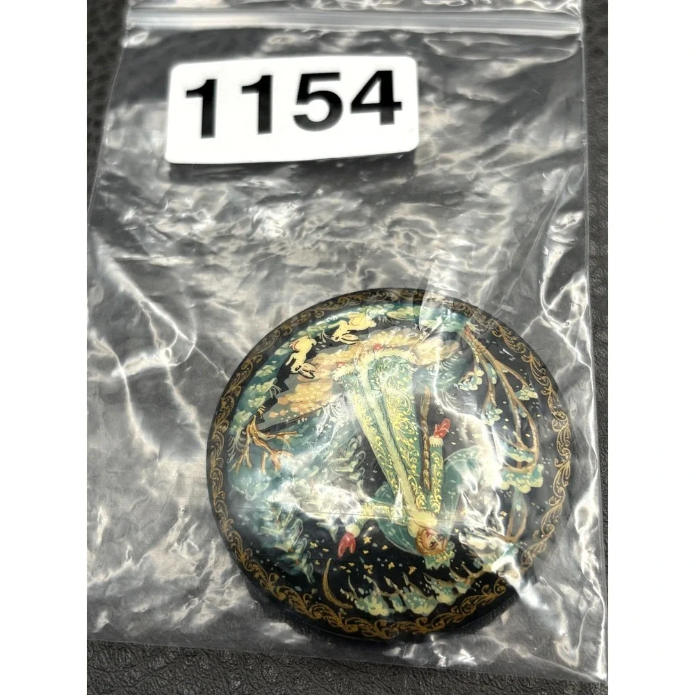 Vintage Ethnic Lacquer Brooch Pin Snow Maiden Fairy Princess Wood Hand Painted
